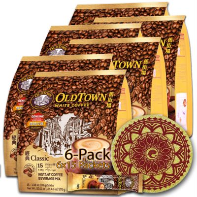6-Pack (Classic) Old Town White Coffee 3 in 1 Asian Instant Coffee Malaysia Coffee with a Cork Coaster Oldtown White Coffee Package, 90 Packets and a Random Flavor Sample Packet