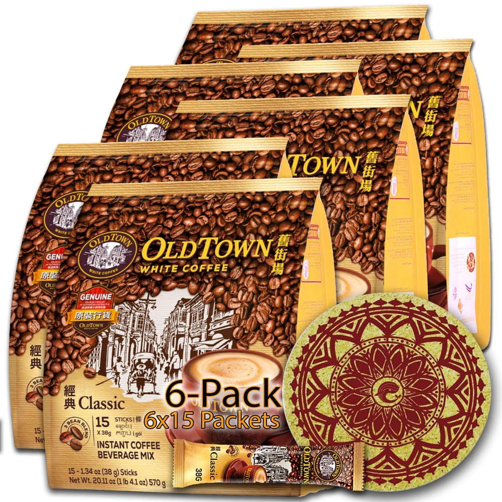 6-Pack (Classic) Old Town White Coffee 3 in 1 Asian Instant Coffee Malaysia Coffee with a Cork Coaster Oldtown White Coffee Package, 90 Packets and a Random Flavor Sample Packet