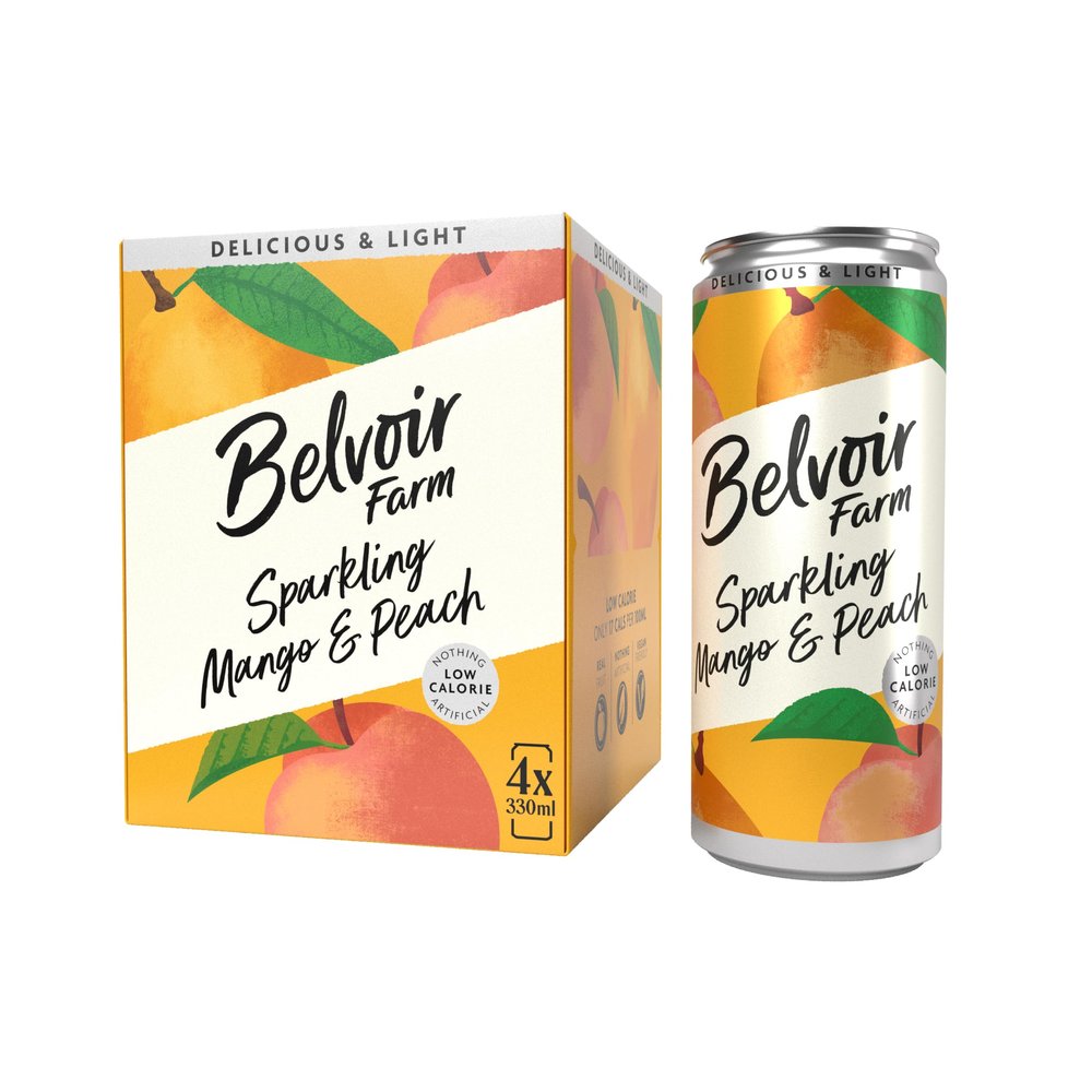 Belvoir Farm - Sparkling Mango & Peach, Delicious and Light, Real Fruit Juice, Low in Calories, Nothing Artificial, Gluten Free, Suitable for Vegetarians & Vegans 4x330ml