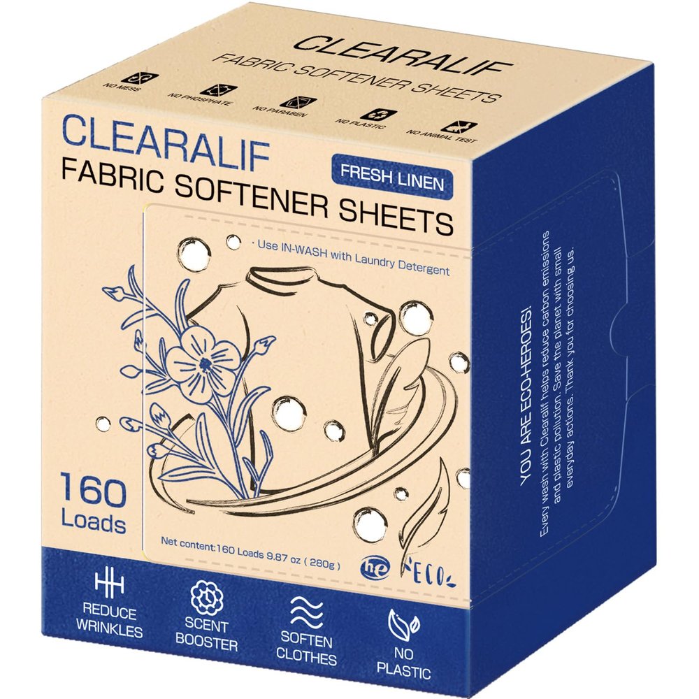 CLEARALIF laundry Fabric Softener Sheets, Fresh Linen Scent, 160 Loads, Eco Friendly, Great For Travel, Apartments, Dorms.
