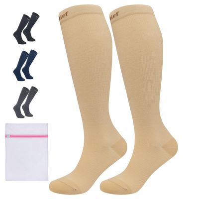 360 RELIEF 2 Pairs Compression Socks for Women & Men - 15-20 mmHg Travel Flight Socks  Graduated Support - Ideal for Running, Cycling & during Maternity -S/M, Beige with Laundry Bag
