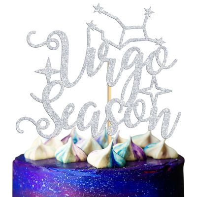 Virgo Season Cake Topper, Big Virgo Energy/August September Birthday Cake Decor, 12 Zodiac Constellation Birthday Party Decoration Supplies for Men Women, Silver Glitter