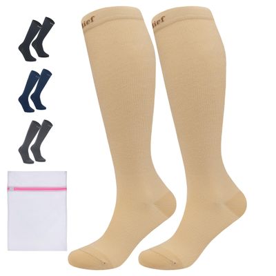 360 RELIEF 2 Pairs Compression Socks for Women & Men - 15-20 mmHg Travel Flight Socks  Graduated Support - Ideal for Running, Cycling & during Maternity -L/XL, Beige with Laundry Bag