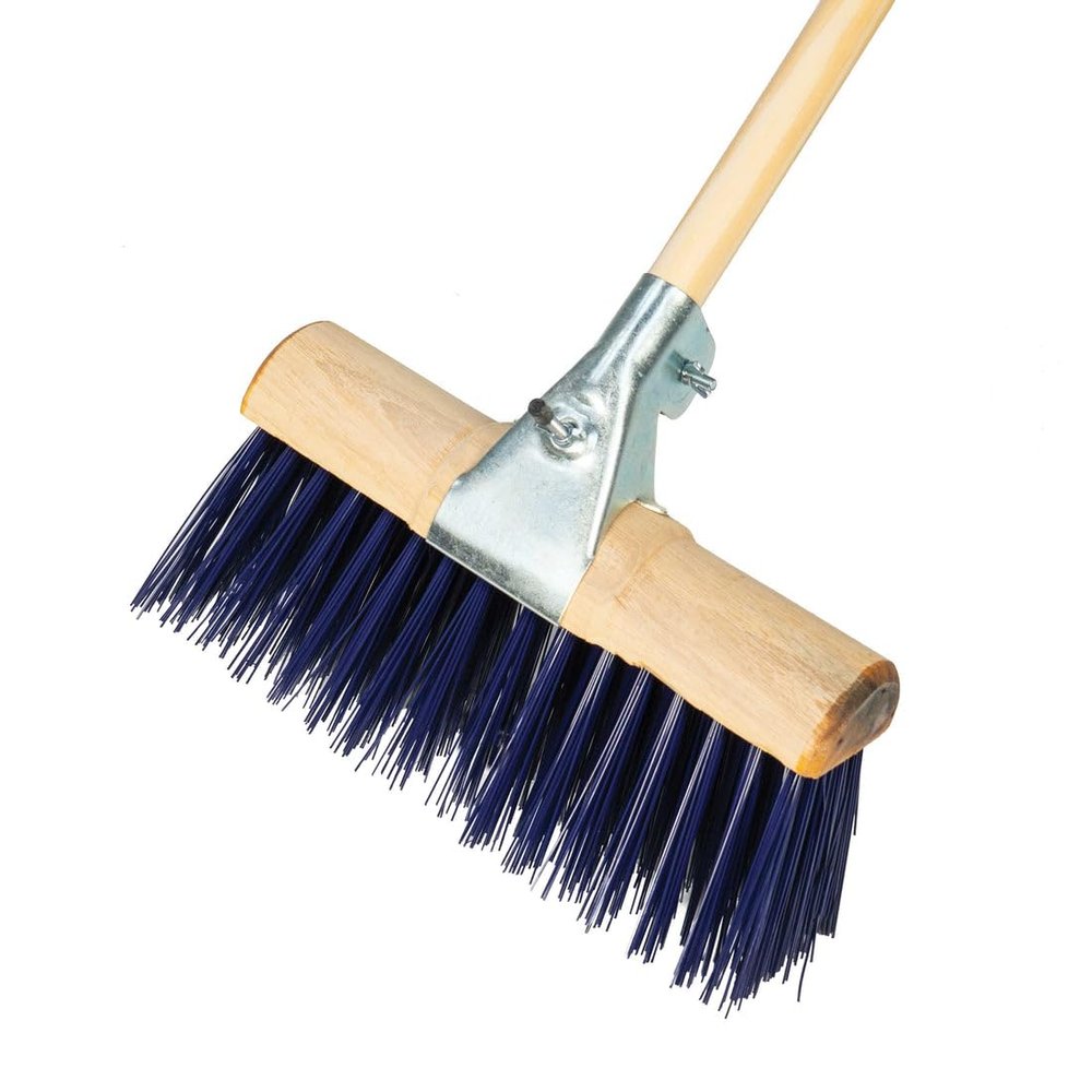 13" Heavy Duty Stiff Blue PVC Birstles Saddle Back Broom Head with Wooden Handle - Outdoor Garden Yard Cleaning Sweeping Brush