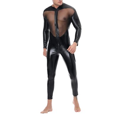 Latex Like Men's Catsuit Wetlook Patent Leather Overall Men Mesh Complete Suit Long Sleeve Shirts and Long Trousers One-Piece Wetlook Bodysuit Lingerie Bodysuit Slim Fit Sext Muscle Jumpsuit, black, M