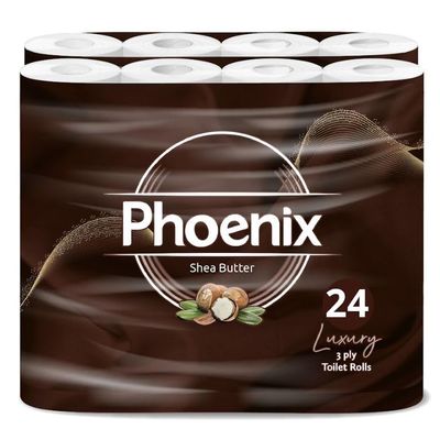 Phoenix Soft Shea Butter Fragranced Luxury Toilet Rolls Bulk Buy - Quilted White 3 Ply Toilet Paper (24 Pack)
