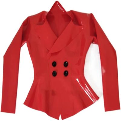 Sexy Women Red Latex Jacket Coat Tops with Buttons,Red,L