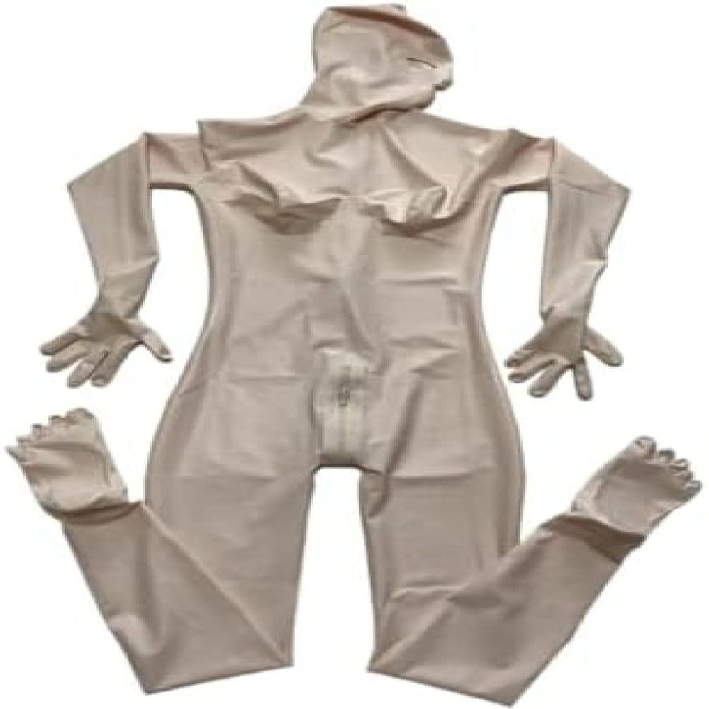 Handmade Fleshcolor Latex Full Bodysuits 3D Breast Catsuit with Hood Gloves Toes Socks,Light Pink-Female,XXL