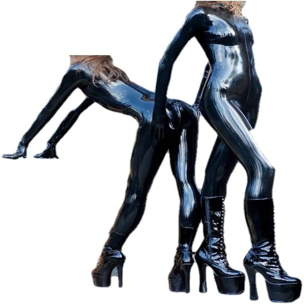 Rubber 100% Latex Catsuit Women Long Slevees Full Cover Suit with GlovesShoes Not Included,Black,XL