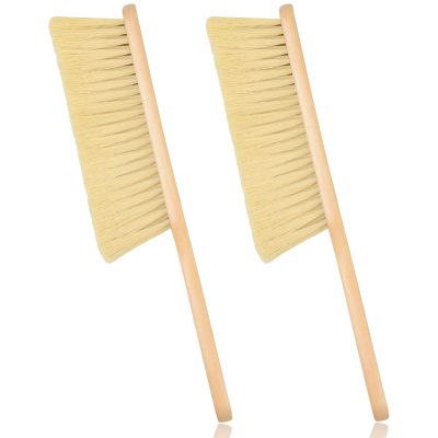 2-Piece Wooden Dust Brush - Hand Broom with Long Wood Handle & Soft Bristle for Counter, Bed, Sofa, Car & Fireplace (Khaki)
