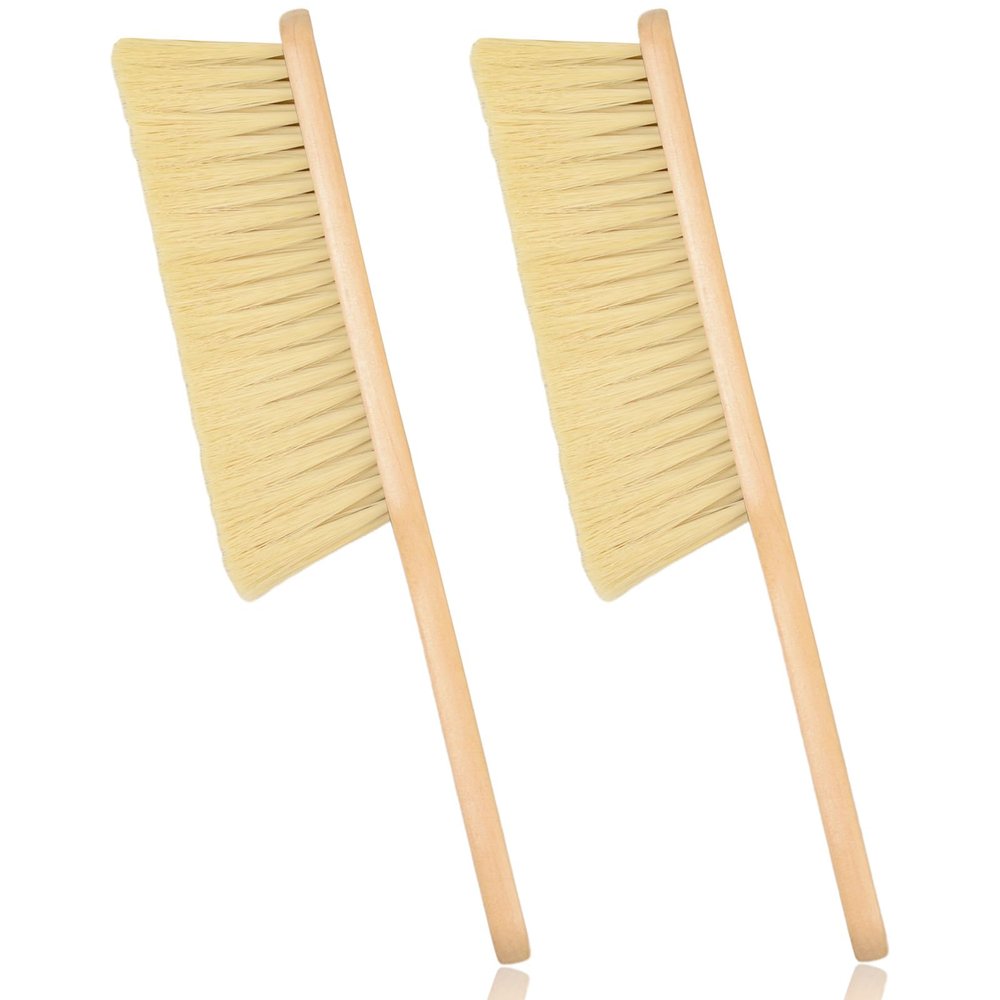2-Piece Wooden Dust Brush - Hand Broom with Long Wood Handle & Soft Bristle for Counter, Bed, Sofa, Car & Fireplace (Khaki)