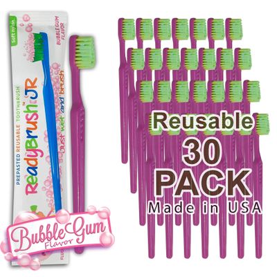 READYBRUSH JR 30 Reusable Prepasted Kids Toothbrushes with Bubblegum Flavor Toothpaste in the bristles- Bulk Toothbrushes Individually Wrapped - Travel Toothbrush for School, Camp, etc Made in the USA