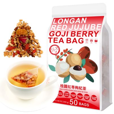 Plant Gift 50 cups Longan Goji Berry Tea Bags ( GUI YUAN HONG ZAO GOU QI CHA) Dried Longan, Wolfberry, Rose, 10.58oz (6g*50bags / 300g) Combination of Floral Tea