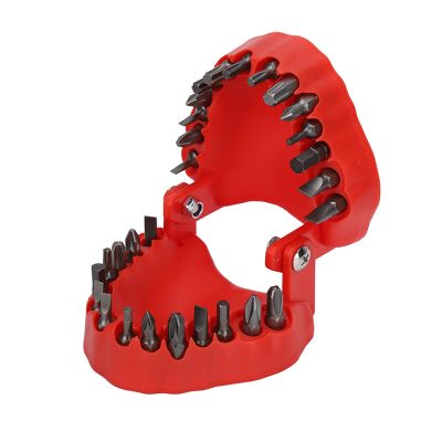 Denture Drill Bit Holder, 28 Holes with 28 Pieces of Drill Bits, Teeth Shape Design, Fully Open, Firmly Holding, ABS Material Organizing Holder for Neat and Easy Access (Red)