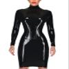100% Latex Dress High Collar Catsuit Corset Design Leotard with Back Zipper Rubber Mini Skirt,Black,XS view 1