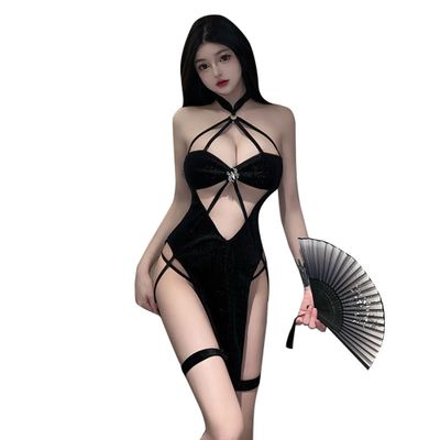 SINMIUANIME Sexy Cosplay for Women Cheongsam Lingerie Costume Anime Babydoll Suit Chinese Style Qipao Dress (9818Black)