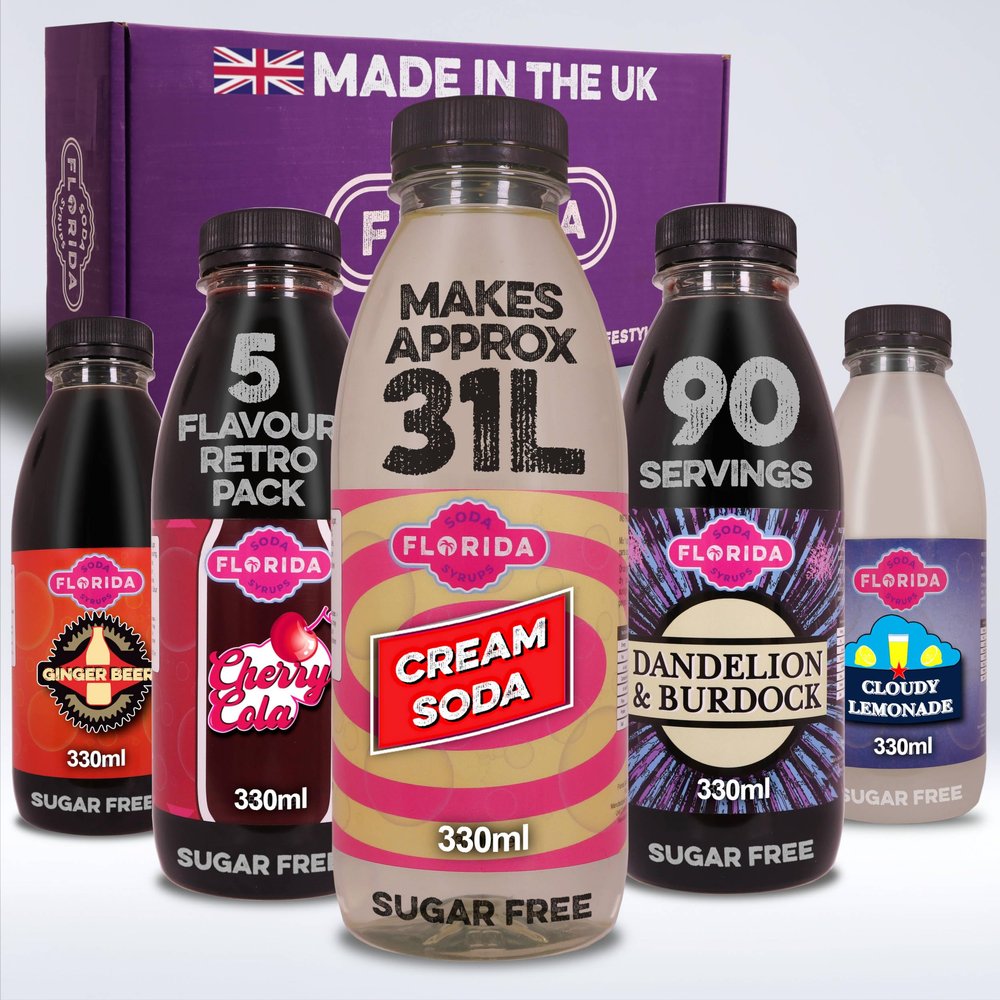 Florida Soda Syrup Compatible With Sodastream - Retro Flavours Aspartame & Sugar Free Cream Soda, Cloudy Lemonade, Ginger Beer, Cherry Cola & Dandelion and Burdock