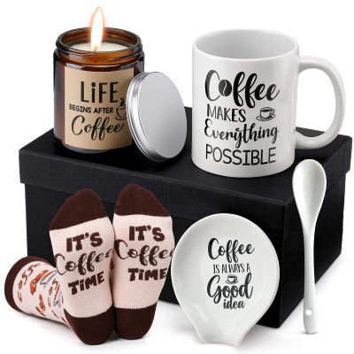 Vabean 5 Pieces Coffee Lover Gifts Set - Includes Mug and Spoon Rest Holder, Candle and Socks, Coffee Basket Valentine's Day Gift Idea for Men Women Birthday