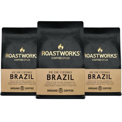 Roastworks Brazil Coffee Ground Pack of 3, 200g Espresso Ground Coffee Produced on Pe De Cedro Farm Speciality Brazilian Coffee with Notes of Chocolate, Macadamia Nut and Peanut Butter