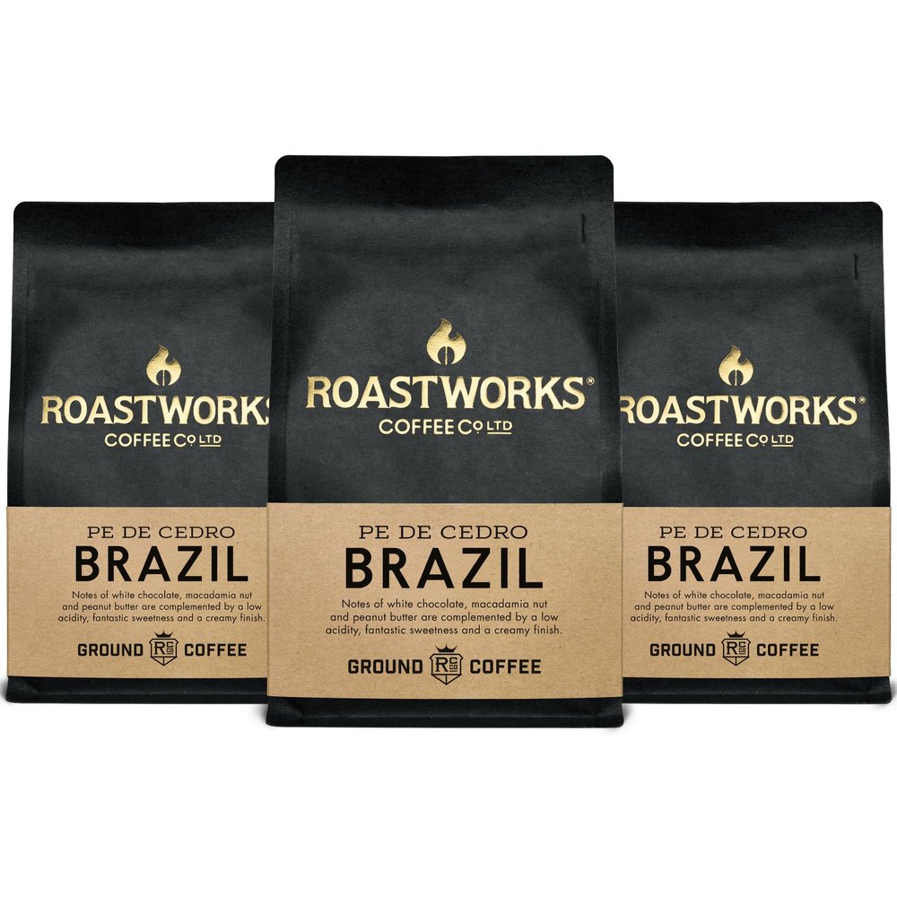 Roastworks Brazil Coffee Ground Pack of 3, 200g  Espresso Ground Coffee Produced on Pe De Cedro Farm  Speciality Brazilian Coffee with Notes of Chocolate, Macadamia Nut and Peanut Butter