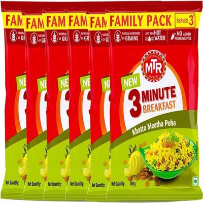 MTR Instant Ready Mix Various Flavours - Traditional South Indian Breakfast  Tasty and Healthy - Easy to Prepare Snacks - Khatta Meetha poha 160g (Pack of 6)