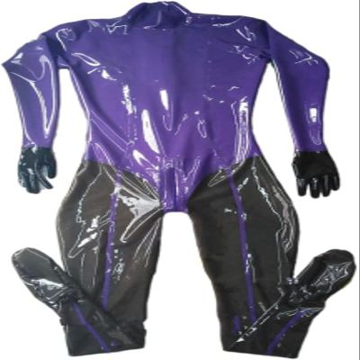 Transparent Black Women Latex Rubber Tight Catsuits with Gloves Socks Back Crotch Zip,Purple-Black-Male,3XL