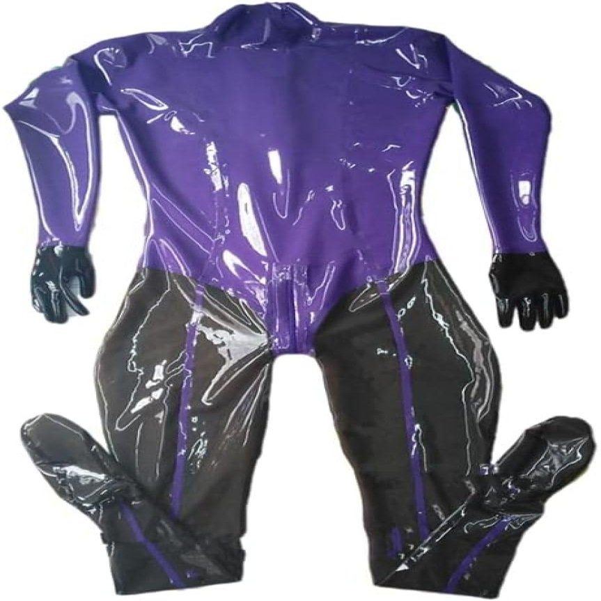 Transparent Black Women Latex Rubber Tight Catsuits with Gloves Socks Back Crotch Zip,Purple-Black-Male,3XL