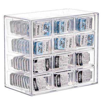 MUQING Daily Contact Lens Case Storage Box, 12 Compartments, Transparent Plastic Drawer Organizer, Unisex, Carrier Bag Case