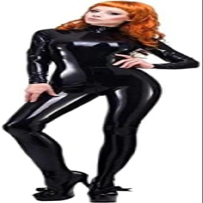 Sexy Black Unisex Neck Entry Latex Catsuit Rubber Bodysuits,Purple,L