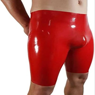 Handmade Red Men Latex Rubber Shorts Pants Fetish Customize 3D Crotch,Black,M