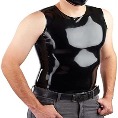 Black Latex Men Vest Top Shirt Crew Neck Sleeveless Costume Male Tops Rubber O-Neck Vest 100% Handmade,Others Color,M