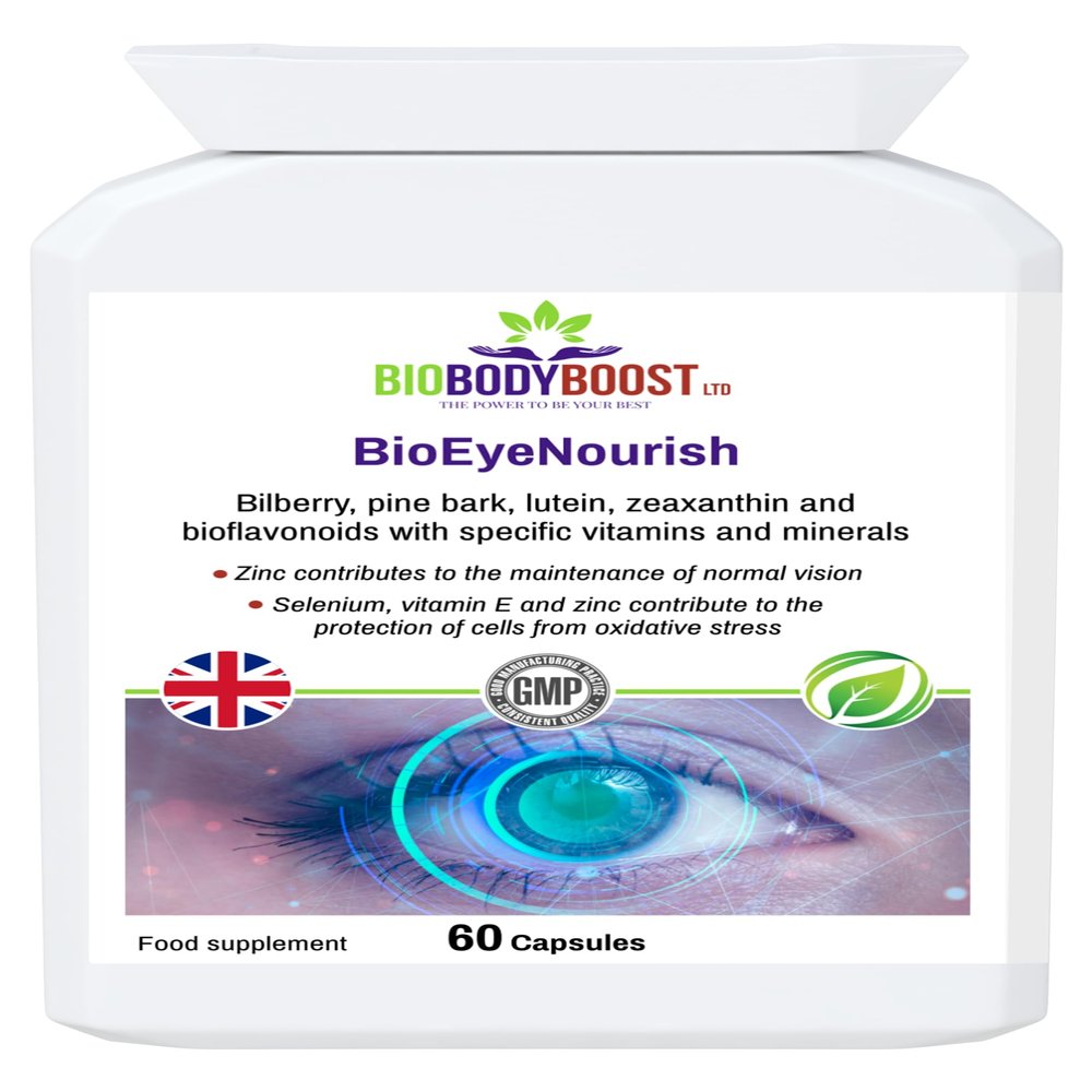 BioBodyBoost BioEyeNourish | Lutein, Zeaxanthin & Bilberry Extract | Natural Vision Support Supplement for Everyday Eye Health | 90 Capsules
