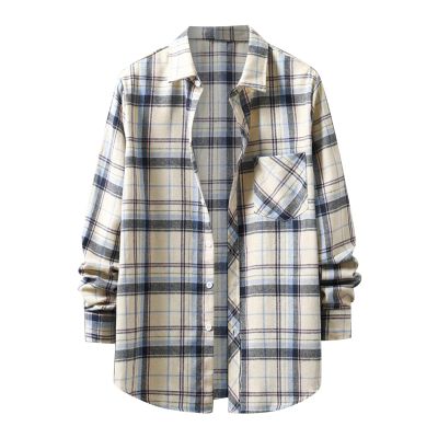 Flannel Shirt Men's Checked Cotton Shirt Long Sleeve Plaid Shirt Casual Checked Shirt Regular Fit for Autumn Winter, E Beige, M