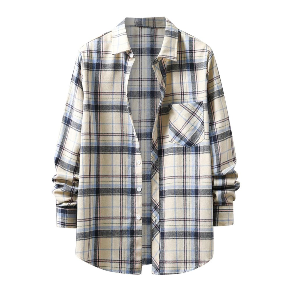 Flannel Shirt Men's Checked Cotton Shirt Long Sleeve Plaid Shirt Casual Checked Shirt Regular Fit for Autumn Winter, E Beige, M