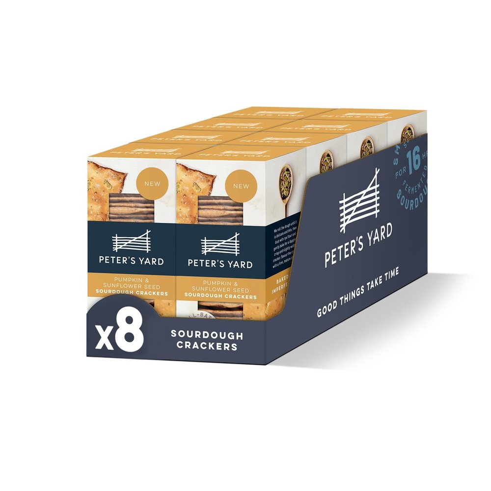 Peter's Yard Sourdough Crackers, Pumpkin and Sunflower Seed, Great with Chutney and Cheese, High Fibre, Natural Ingredients, Low Sugar, Pack of 8 x 105g Boxes