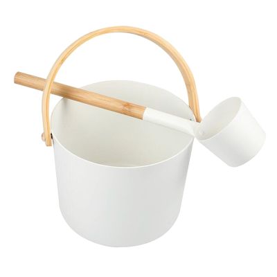 Allayu Sauna Bucket With Long Handle Spoon Health Wellness In Hands Energy Efficient Aluminum Sauna Bucket Tool Sauna Barrels, 5L White