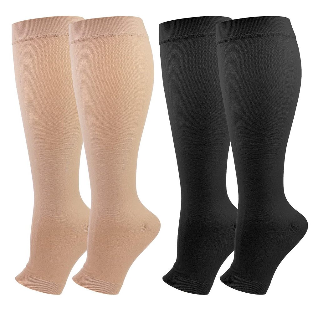 2 Pairs Medical Compression Socks for Women & Men 20-30 mmHg, class 2, Open Toe Best Graduated Support Fit for Travel Flight Running Varicose Veins Pregnancy Nurses (Black+Beige, M)