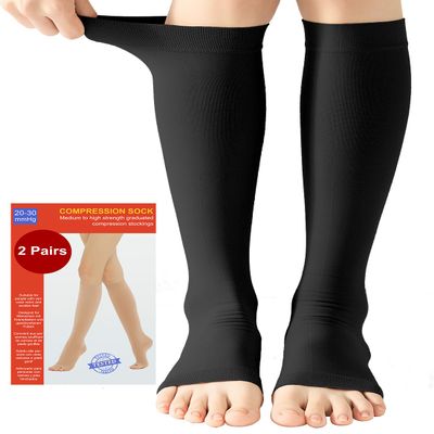 2 Pairs Medical Compression Socks for Women & Men 20-30 mmHg, class 2, Open Toe Best Graduated Support Fit for Travel Flight Running Varicose Veins Pregnancy Nurses (2x Black, XL)
