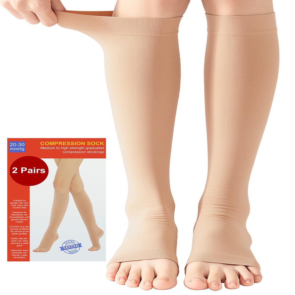 2 Pairs Medical Compression Socks for Women & Men 20-30 mmHg, class 2, Open Toe Best Graduated Support Fit for Travel Flight Running Varicose Veins Pregnancy Nurses (2x Beige, XL)