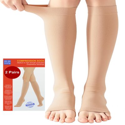2 Pairs Medical Compression Socks for Women & Men 20-30 mmHg, class 2, Open Toe Best Graduated Support Fit for Travel Flight Running Varicose Veins Pregnancy Nurses (2x Beige, S)