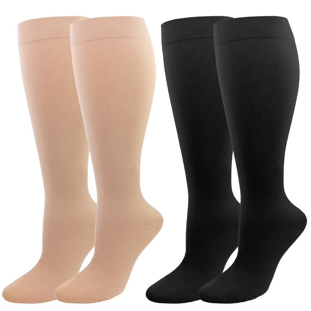 2 Pairs Medical Compression Socks for Women & Men 20-30 mmHg, class 2, Best Graduated Stockings Support Fit for Travel Flight Running Varicose Veins Pregnancy Nurses (Black+Beige, M)
