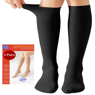 2 Pairs Medical Compression Socks for Women & Men 20-30 mmHg, class 2, Best Graduated Stockings Support Fit for Travel Flight Running Varicose Veins Pregnancy Nurses (2x Black, L)