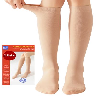 2 Pairs Medical Compression Socks for Women & Men 20-30 mmHg, class 2, Best Graduated Stockings Support Fit for Travel Flight Running Varicose Veins Pregnancy Nurses (2x Beige, XL)
