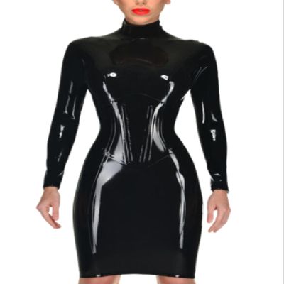 100% Latex Dress High Collar Catsuit Corset Design Leotard with Back Zipper Rubber Mini Skirt,Black,S