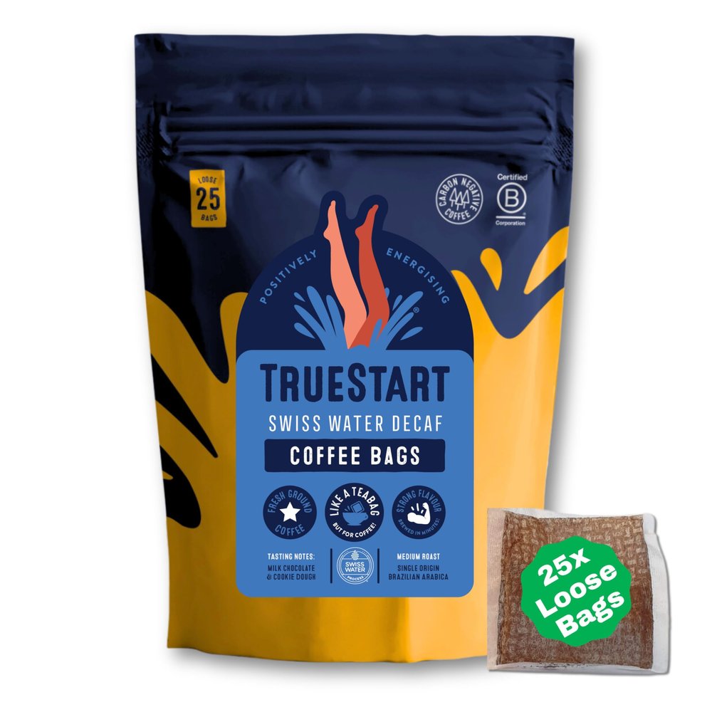 TrueStart Coffee Bags, Swiss Water Decaf  25 Loose Bags, Mycotoxin-Free Coffee Rich in Antioxidants, Quick Brew, Individually Wrapped & Gluten Free, Resealable Pouch