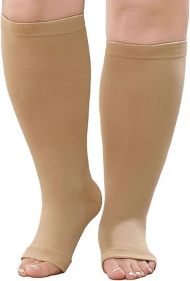 LOFIR Plus Size Compression Socks: Flight Socks for Women Large Calves Wide Calf Graduated Compression Socks for Men Open Toe Stockings for Support Travel Pregnancy Nurses 20-30 mmHg Beige 6XL 1Pair