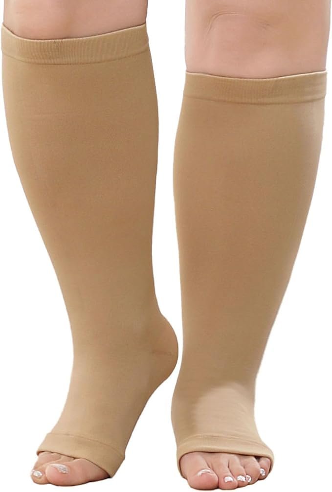 LOFIR Plus Size Compression Socks: Flight Socks for Women Large Calves Wide Calf Graduated Compression Socks for Men Open Toe Stockings for Support Travel Pregnancy Nurses 20-30 mmHg Beige 6XL 1Pair