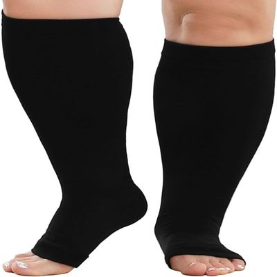 LOFIR Plus Size Compression Socks: Flight Socks for Women Large Calves Wide Calf Graduated Compression Socks for Men Open Toe Stockings for Support Travel Pregnancy Nurses 20-30 mmHg Black 7XL 1Pair