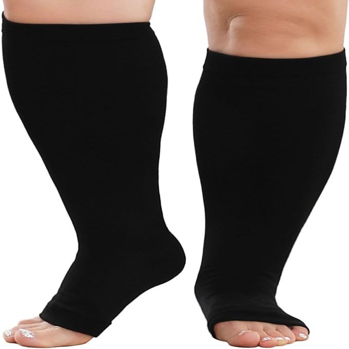LOFIR Plus Size Compression Socks: Flight Socks for Women Large Calves Wide Calf Graduated Compression Socks for Men Open Toe Stockings for Support Travel Pregnancy Nurses 20-30 mmHg Black 7XL 1Pair