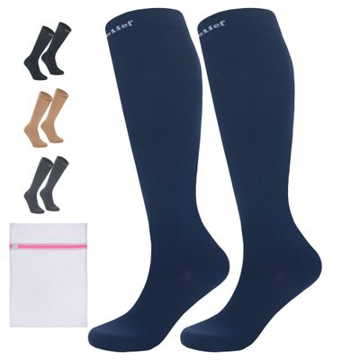 360 RELIEF 2 Pairs Compression Socks for Women & Men - 15-20 mmHg Travel Flight Socks  Graduated Support - Ideal for Running, Cycling & during Maternity -XXL, Blue with Laundry Bag